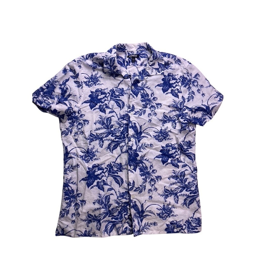Express Button Up Shirt Mens Medium Blue White Floral Linen Cotton Short